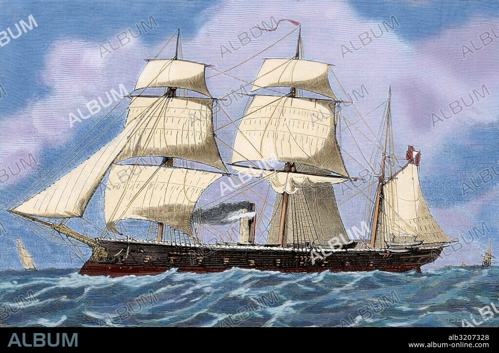 War of the Pacific (1879-1883). Western South America with Bolivia and Peru in front of Chile as a belligerants. Peruvian armored frigate "Independence". Engraving by Vela. La Ilustracio_n Espan_ola y Americana, 1879. Colored.