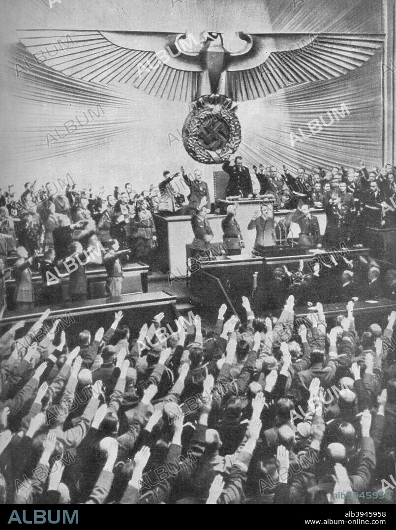 Hitler Makes His Peace Speech in the Reichstag', 1939, (1940). 6 October 1939, Hitler delivering a speech at the Reichstag on the German campaign in Poland at the start of World War II. From The War in Pictures. [Odhams Press Limited, London, 1940].