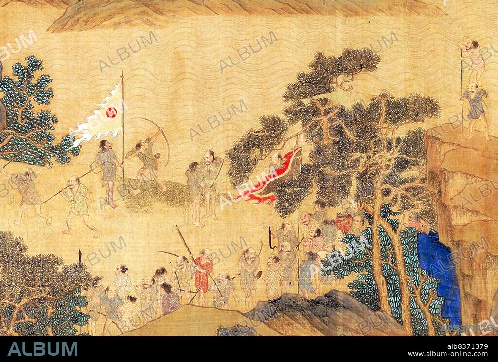In the waning years of the Yuan dynasty (1279-1368), <i>wokou</i> (Japanese pirates) raided the coastal provinces of eastern China with increasing regularity. Despite suffering defeat in Shandong in 1363, raiding parties continued, pushing even farther south along the coast to Fujian Province.<br/><br/>. The scroll in its entirety shows a party of Japanese pirates landing in a coastal community, scouting and raiding local residences, the flight of refugees, and the response of Ming troops who defend the area in a pitched battle on the water.