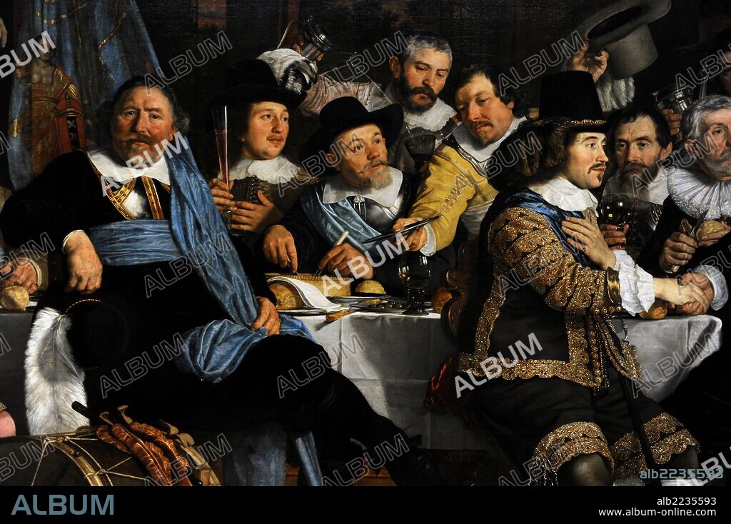 GUERRA OCHENTA AÑOS. PAZ WESTFALIA / MUNSTER. "La Guardia Cívica de Ámsterdam celebra la Paz de Münster", 1648. El 30 de enero de 1648, los representantes españoles y holandeses firmaron el tratado de paz, poniendo fin a la Guerra de los Ochenta Años, y reconocimiento de la soberanía nacional de la Repúblia Holandesa. Posteriormente se llevaron a cabo celebraciones exuberantes en todo el país. Oleo del pintor holandés Bartholomeus van der Helst (1613-1670). RIJKSMUSEUM. Amsterdam. Países Bajos. Detalle.