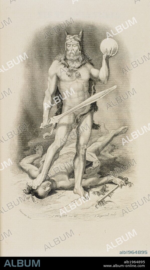 DANIEL DEFOE. Robinson Crusoe with his foot on a native man's neck.   . Robinson Crusoe. Part I.. The Life and Strange Surprising Adventures of Robinson Crusoe. 1719. France. Strange Adventures of Robinson Crusoe. Translation of the first edition, 1719, with a study on the author by Battier ... Frontispiece and seven plates drawn and engraved by Jules Fesquet, Legenisel, etc.. Source: 12612.ff.1 frontispiece. Language: French.