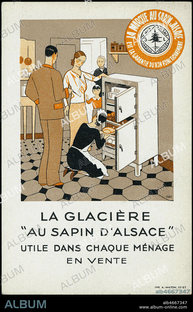 La glaciere 'Au Sapin d'Alsace' utile dans chaque menage. Illustration de JAN pour une carte postale publicitaire vers 1930. Annees 30. Credit : Grob/Kharbine Tapabor.
