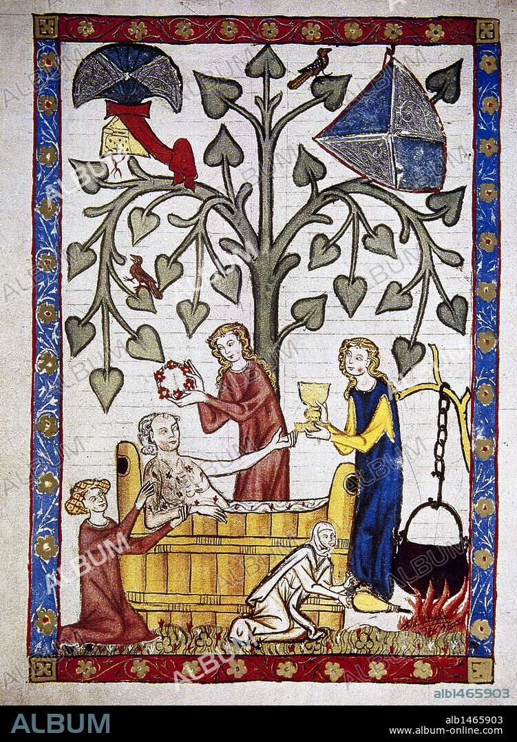 SOCIEDAD MEDIEVAL. S. XIII-XIV. "DAMAS PREPARANDO EL BAÑO AL POETA SUIZO JAKOB VON WARTE". Miniatura del CODICE MANESSE (h.1300), realizado por Rudiger Manesse y su hijo Johannes. Fol. 46v. Biblioteca Universitaria. Heidelberg. Alemania.