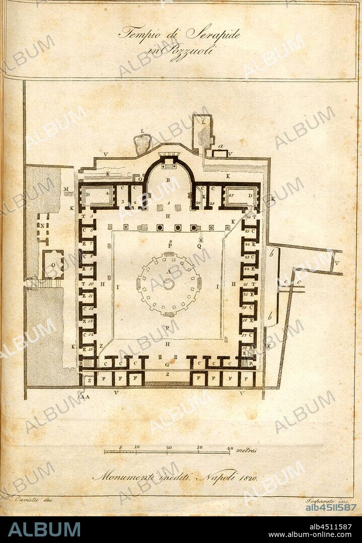 Temple of Serapis in Pozzuoli, Macellum of Pozzuoli, Ruins of a Roman Market, Date Estimate, Signed: Mr. Caristie des, Imparato inc, Fig. 1, after p. 68, Caristie, Augustin-Nicolas (des.); Imparato (inc.), 1820, Andrea de Jorio: Ricerche sul tempio di Serapide in Pozzuoli. Napoli: nella stamperia della società filomatica, 1820.