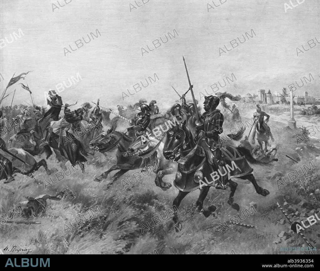 The Battle of the Spurs, 1513. The headlong flight of French chivalry. Fought at Guinegate in Belgium, the battle earned its name form the haste with which the French cavalry fled the field after their defeat by the English army commanded by Henry VIII. A print from Fifteen Decisive Battles of British History, printed and published by Charles Letts and Co, London.