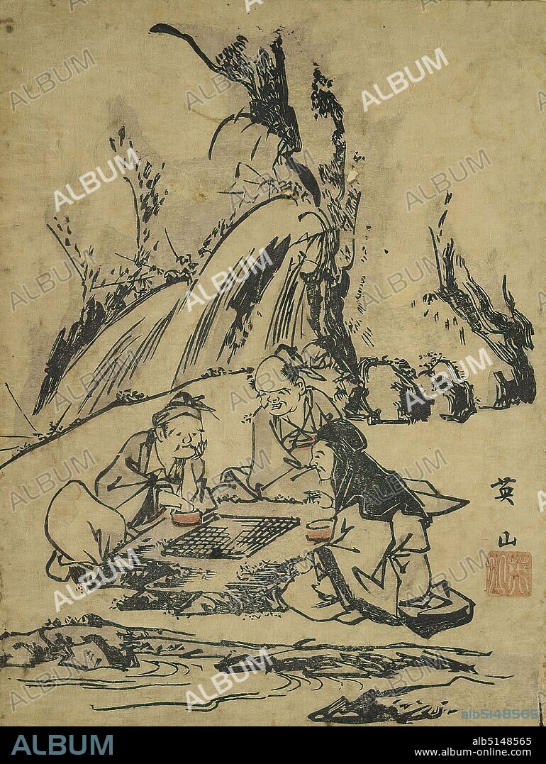 Kikukawa Eizan, gosplayer, black line cut, total: height: 23,50 cm; width: 17,50 cm, signed: signature: Eizan , red seal, prints, printed matter, board games, Edo period.
