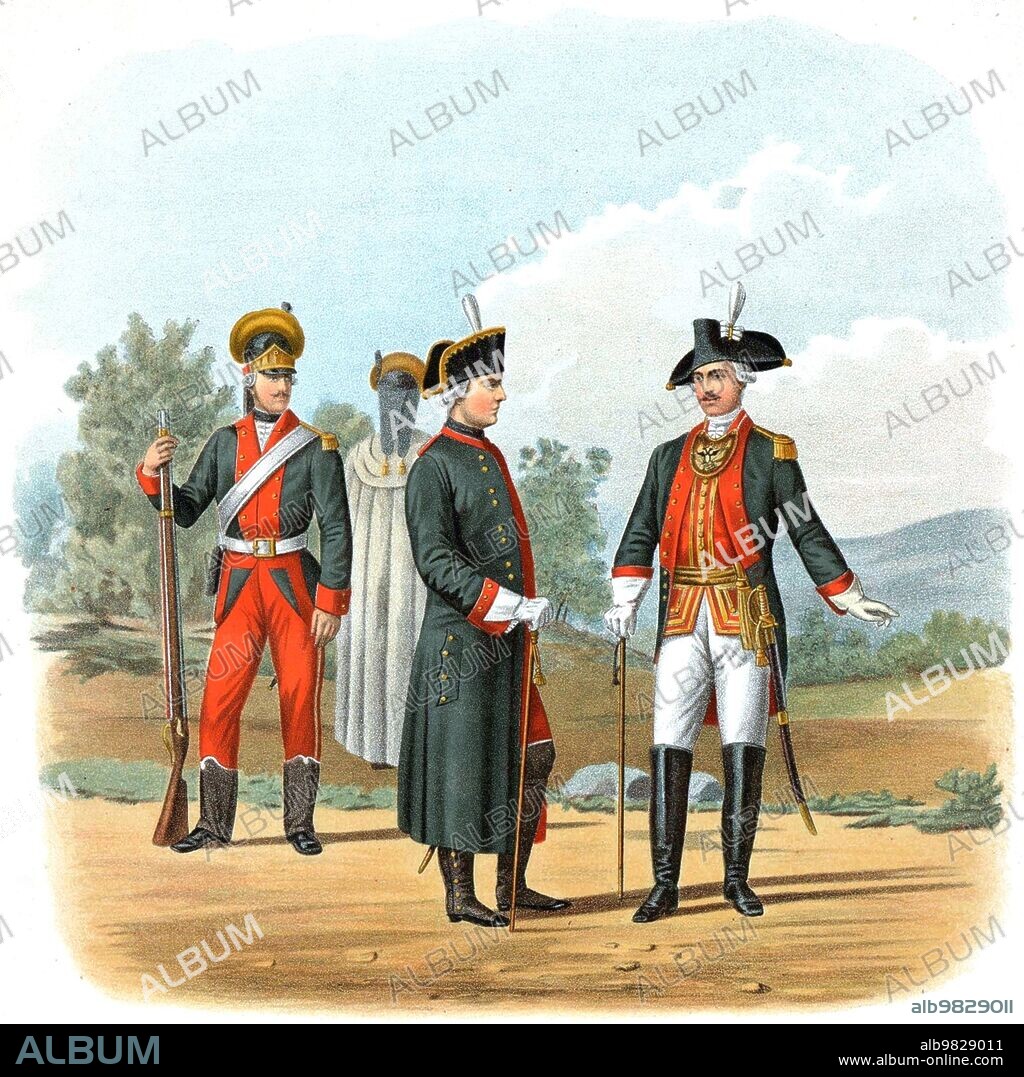 Moscow Grenadier Regiment. 1790-1796. Grenadier in dress uniform, grenadier in overcoat, staff officer in frock coat, staff officer in dress uniform. ca. printed before 1890.