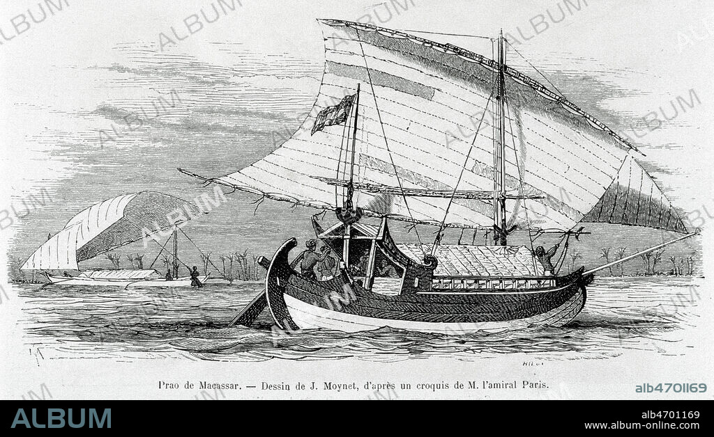 'Prao de Macassar'. Illustration par MOYNET tiree du Tour du Monde en 1873. Credit : Collection KHARBINE-TAPABOR.