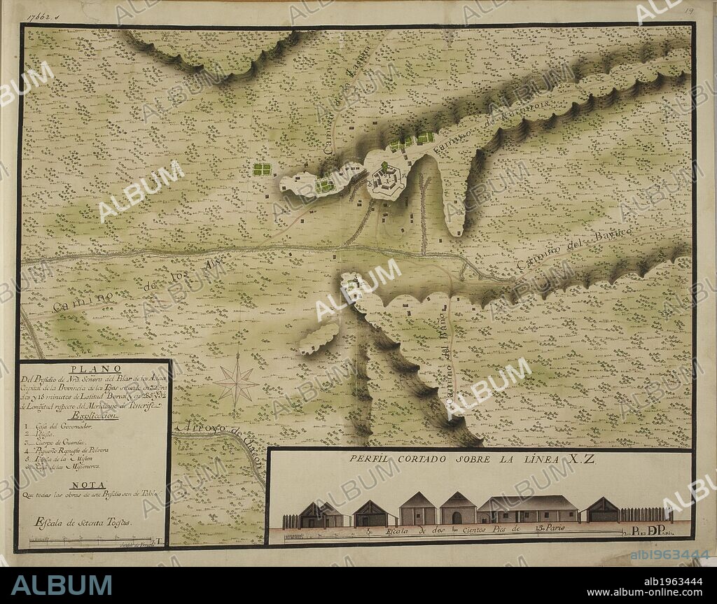 "Plano del Presidio de Nuestra SenÌƒora del Pilar de los Adaes, capital de la provincia de los Tejas, situado en 32Âº y 15Ê¹ de latitud boreal;" drawn by Joseph de Vrrutia, on a scale of 48 toises to an inch; with a profile on a scale of 18 Paris feet to an inch.  . TWENTY-ONE coloured maps and plans of towns and various settlements in the North of Mexico with their environs; all, except one, situated in the Provincias Internas. By Joseph de Urrutia. Paper, XVIIIth cent. Folio. Ca. 1768. Source: Add. 17662 s19.
