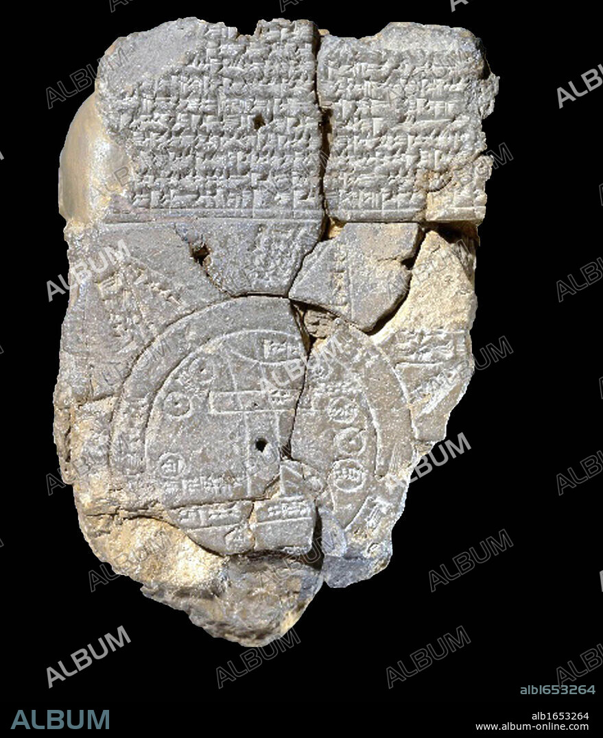 Babylonian world map, c600 BC, the earliest known map of the world. Clay tablet with cuneiform script at top. Writing Cartography Ancient Civilisation Archaeology Mesopotamia Iraq.