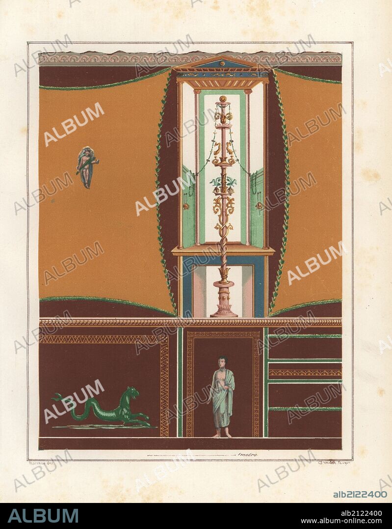 Wall painting with framed panels from an ostium (narrow corridor) in the Casa dell'Orso Ferito or House of the Bear, Reg. VII, Ins. II, No. 45. Illustration drawn by Discanno and lithographed by Victor Steeger from Emile Presuhn's "Les Decorations Murales de Pompei," Weigel, Leipzig, 1878. German archeologist Presuhn (1844-1881) lived in Italy for eight years and, with Mr. Discanno, made exact copies of many wall paintings that are now lost.