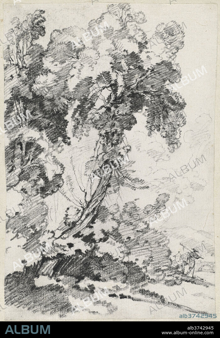 JOSEPH-MARIE VIEN. A Towering Tree with Travelers. Dated: 1746/1749. Dimensions: sheet: 19 x 12.7 cm (7 1/2 x 5 in.)  page size: 42.5 x 27.7 cm (16 3/4 x 10 7/8 in.). Medium: black chalk on laid paper.
