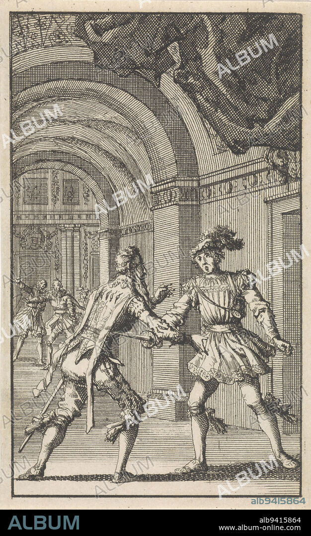 Don Carlos, the crown prince of Spain and son of Philip II, tries to kill the Duke of Alva with a dagger, Don Carlos tries to kill the Duke of Alva, print maker: Jan Luyken, Amsterdam, 1699, paper, etching, h 135 mm × w 84 mm.