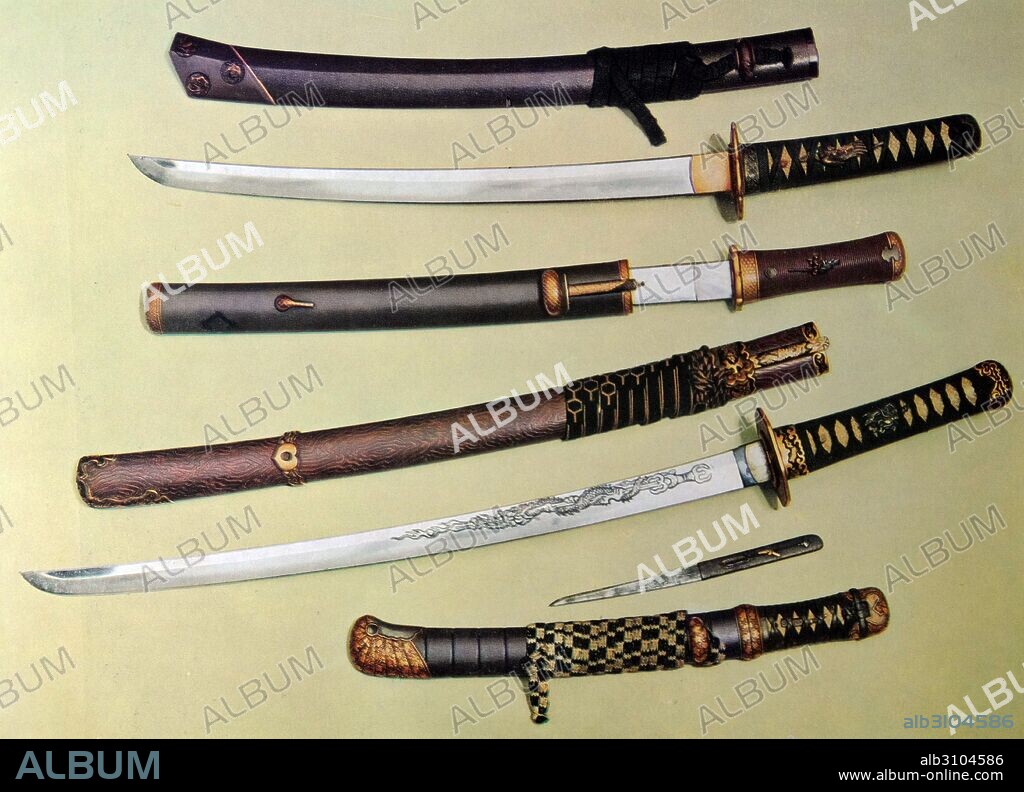 Collection of 14th Century Japanese Katana, Wakizashi, Tanto, and Samurai swords.