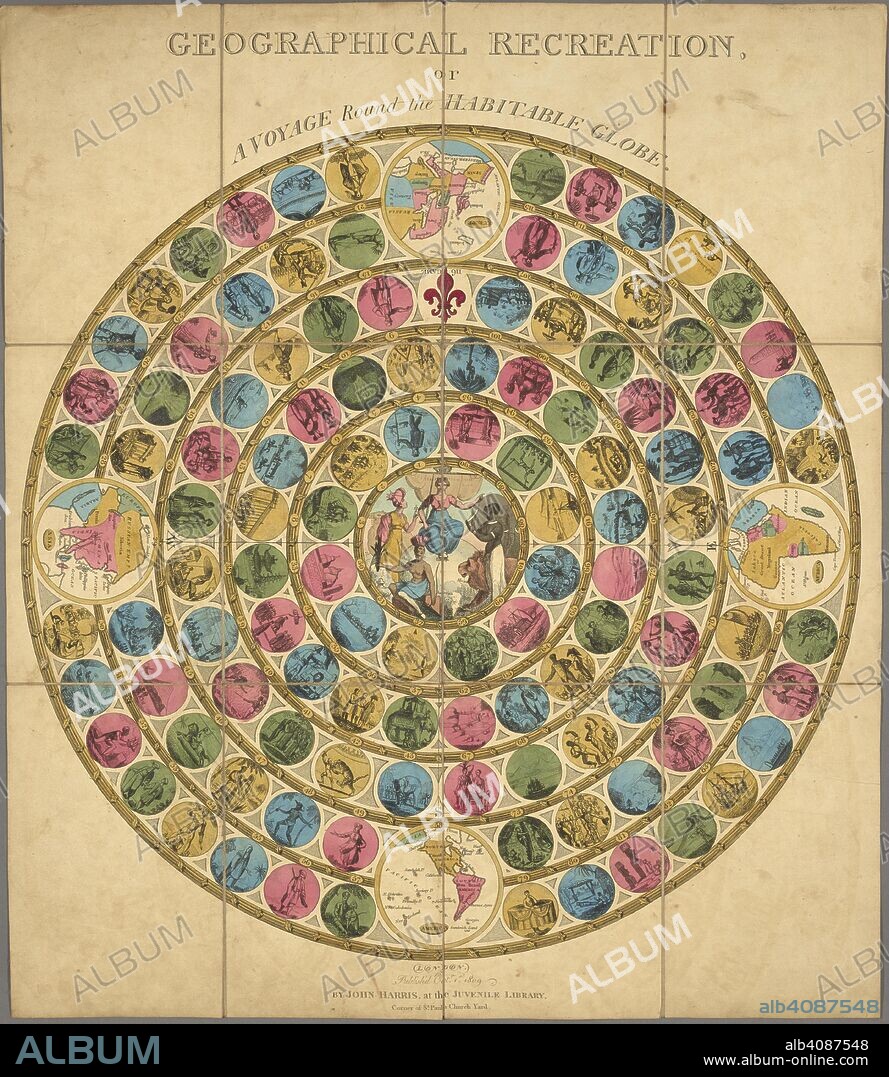 An illustrated circular diagram for the purposes of a game. Geographical recreation or a voyage round the habitable globe. London : John Harris at the Juvenile Library, Oct 1st 1809. Board game representing world travel and including 4 maps of continents. Previously owned and donated by Waddington plc. Physical Description: 1 game : col ; 50 cm. diam., on sheet 64 x 51 cm, fold. to 20 x 13 cm, in slipcase.; Scale indeterminable. Source: Maps.C.43.b.68.
