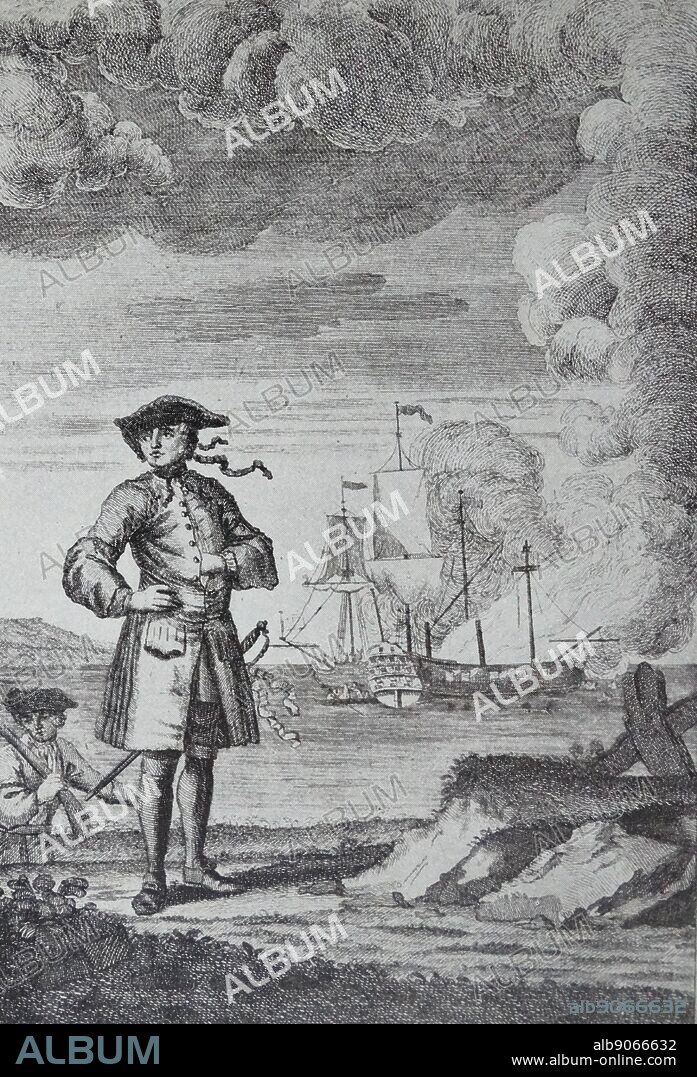 A 1736 engraving depicting the pirate Edward England with, in the background, the fight of the Fancy (left) and the Cassandra. Edward England, born Edward Seegar (c.16851721) was a famous African coast and Indian Ocean pirate captain from 1717 to 1720.