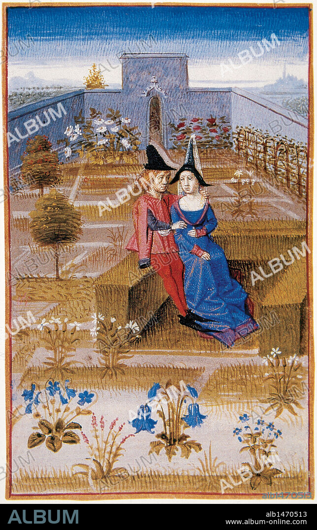 EDAD MEDIA. DOS ENAMORADOS en un jardín. Miniatura medieval del Castillo de Chantilly. Francia.