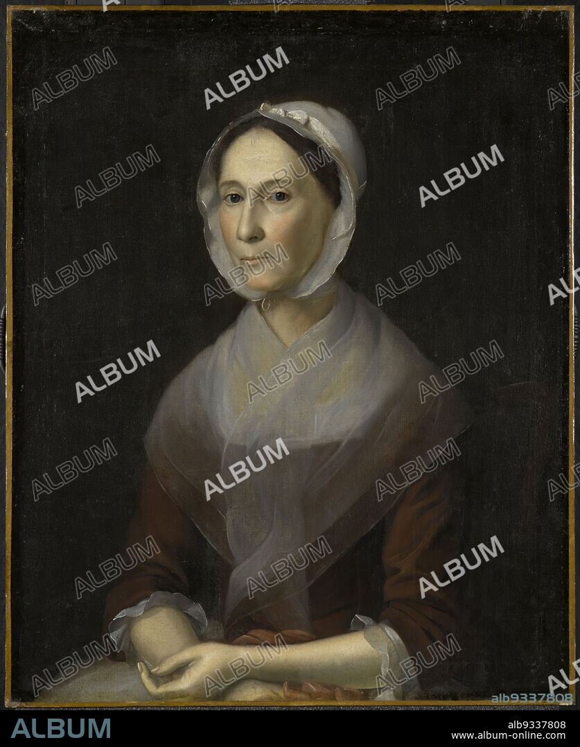 Portrait of Mrs. William Strachan, Charles Willson Peale, American, 1741-1827, Oil on canvas, ca. 1770-1772, 30 13/16 x 25 in., 78.3 x 63.5 cm, american, bonnet, fashion, female figure, fichu, folded hands, hat, oil on canvas, older women, painting, pallid', peale, portrait, sallow, satin, seated, shawl, sheer, woman.