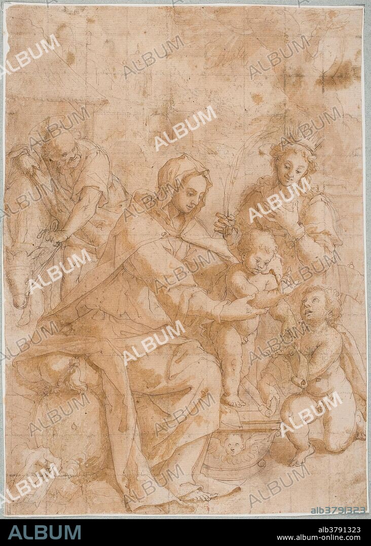 Denys Calvaert / 'Sagrada Familia con San Juanito y Santa Catalina'. Hacia 1584. Aguada, Lápiz negro, Pluma, Preparado a lápiz, Tinta parda sobre papel verjurado, agarbanzado, 220 x 156 mm.
