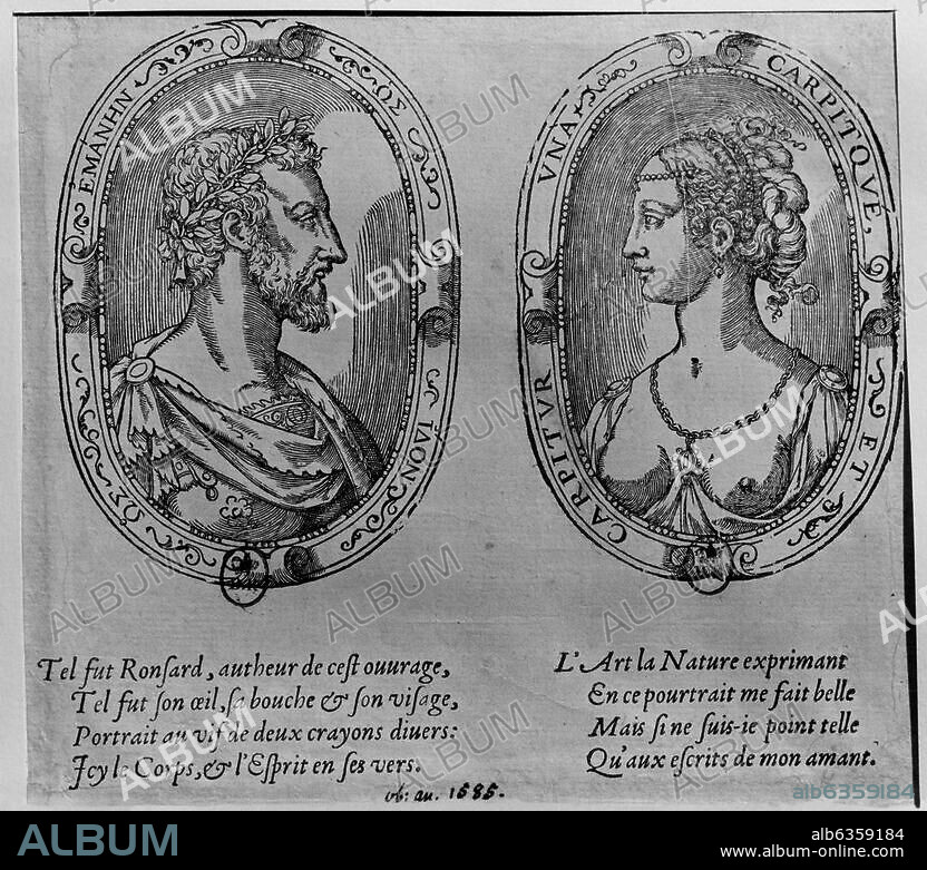 ANONYME. Ronsard, Pierre de; franz. Dichter (bedeutendster Vertreter der Pleiade). Schloß Possonniere 11.9.1524 (25) - Saint. -Cosme-en-l'Isle 27.12.1585. Pierre de Ronsard und seine Geliebte Cassandre Salviati (Adressatin der Sonnette "Amours" von 1552). Holzschnitt, anonym, Frankreich, 16. Jahrhundert. Paris, Bibliothèque Nationale.