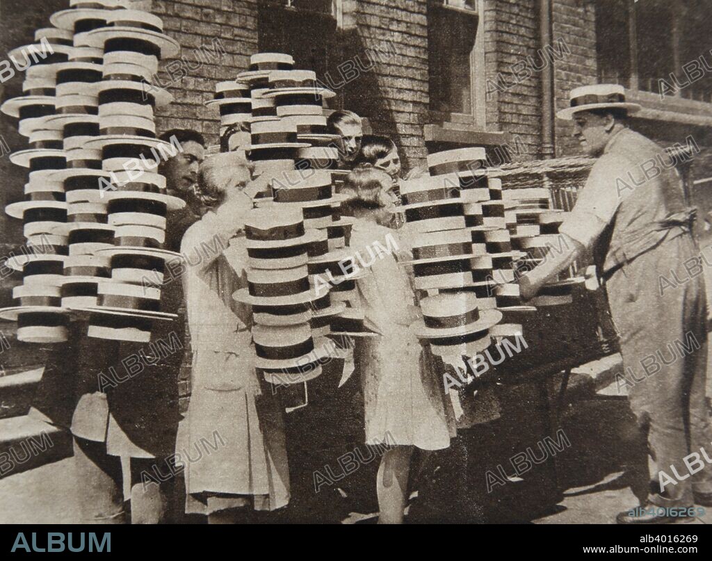 Straw hat factory, Luton, Bedfordshire, 1930. Luton was the centre of the straw hat industry. The hats  became fashionable again in 1930 after the Prince of Wales wore one.