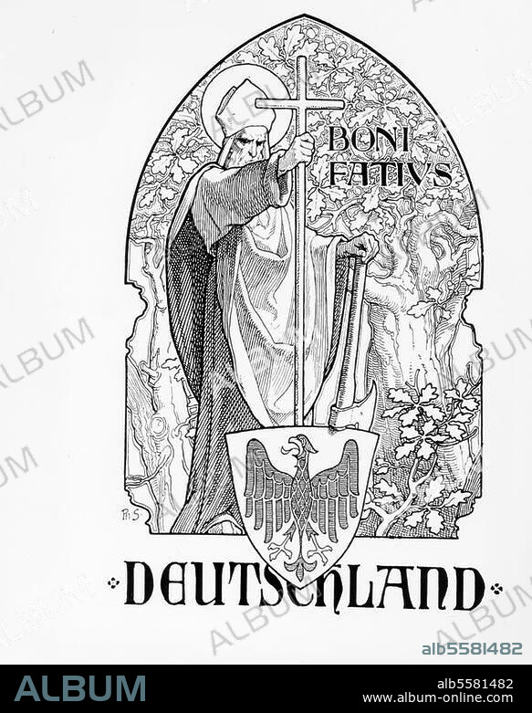 Bonifatius, eigentl. Winfried, Heiliger, "Apostel der Deutschen", Wessex um 672/3 - (erschlagen) bei Dokkum (Friesland). Bonifatius vor der Donar-Eiche. Buchschmuck von Philipp Schumacher. Aus: Die Katholische Kirche in Deutschland (um 1900).