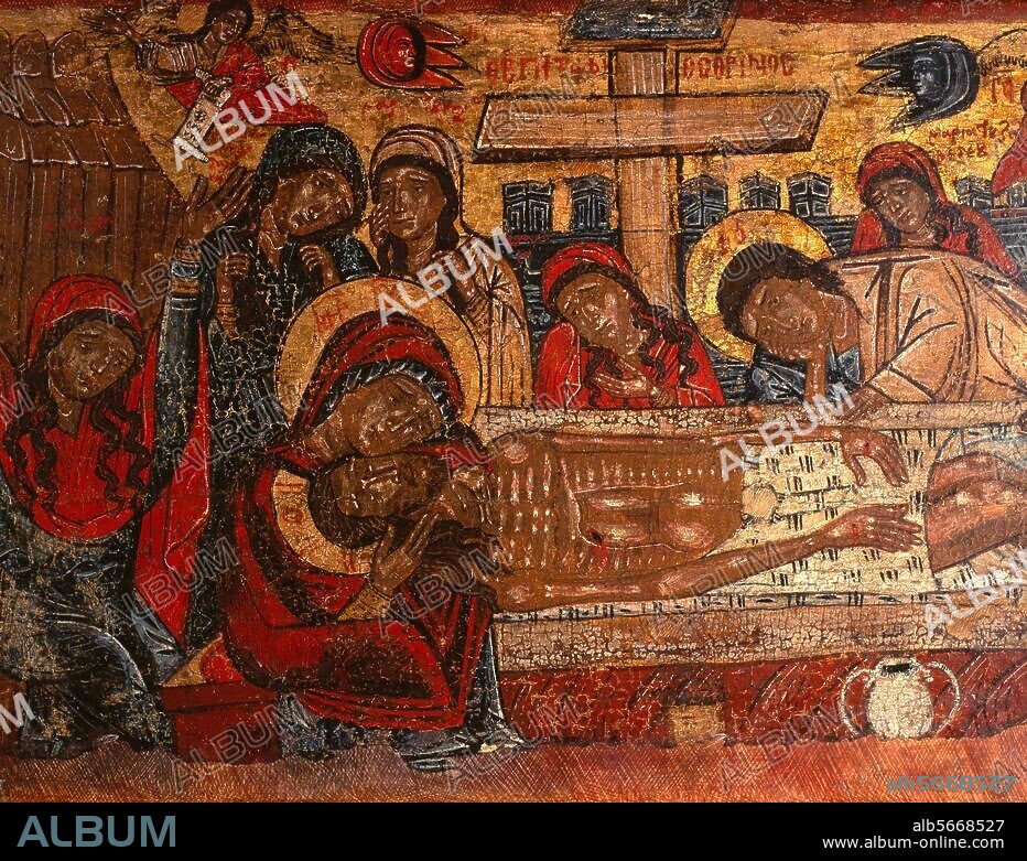 Ikonenmalerei, bulgarisch, 17. Jahrhundert. "Beweinung Christi". (Ausschnitt). Tempera auf Holz, 38 × 72 cm. Aus dem Dorf Balgarevo (Burgas). Sofia, Kirchl. Museum für Gesch. u. Archäol.