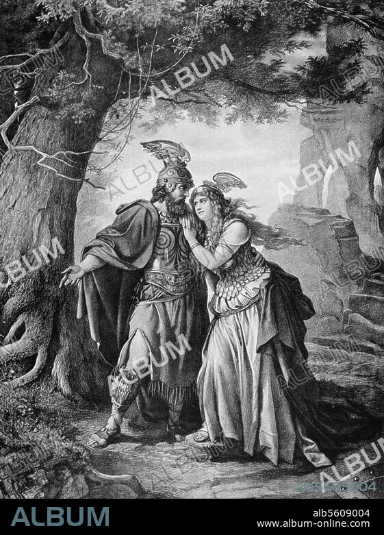 Wagner, Richard; Komponist; 1813-1883. Werke: Die Walküre (1870). "Wotans Abschied von Brünnhilde. Leb wohl, Du kühnes, herrliches Kind!". Zeichnung von Theodor Pixis (1831-1907). Aus der Folge: Richard Wagner-Galerie. Zwanzig Bilder von Theodor Pixis, Berlin (Hanfstaengl) 1894.