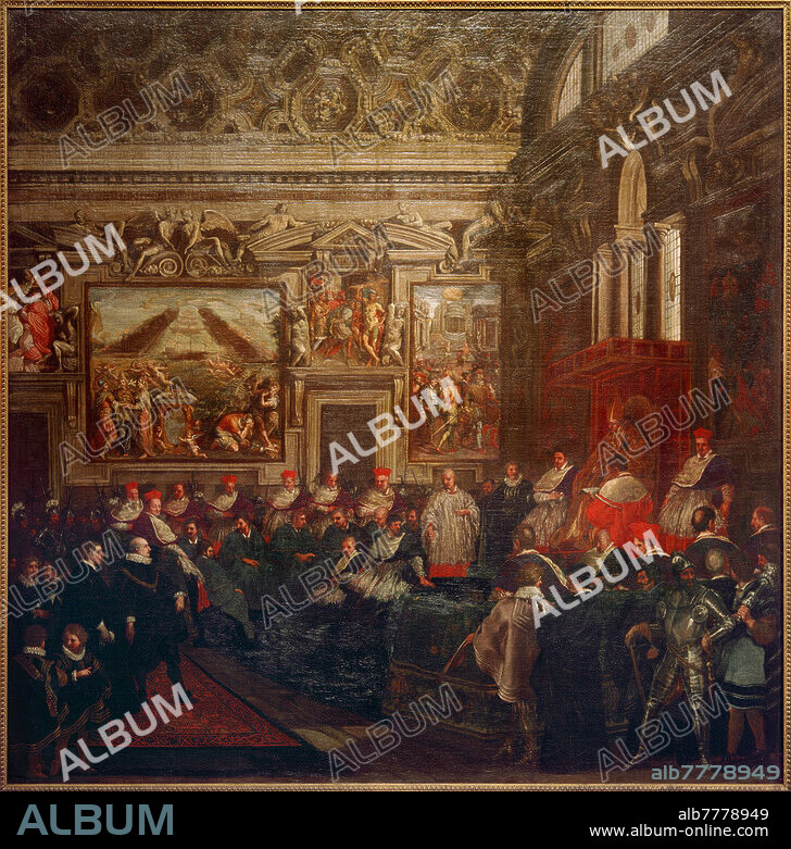 Paul V., Papst (1605-21); vorher: Camillo Borghese. Rom 17.9.1552 - ebd. 28.1.1621. "Die Audienz des kaiserlichen Botschafters Paolo Savelli bei Papst Paul V. in der Sala Regia im Vatikan", um 1625. (Paolo Savelli und Ernst Adalbert von Harrach beantragen Subsidienzahlungen für Kaiser Ferdinand II., um die Bedrohung Wiens durch das protestantische Heer abzuwehren). Gemälde, um 1625, von Pietro da Cortona (1596-1669). Öl auf Leinwand, 170 × 170 cm. Inv. Nr. W.F. [Wiener Fideikomiß] 231. Rohrau, Graf Harrach'sche Familiensammlung.
