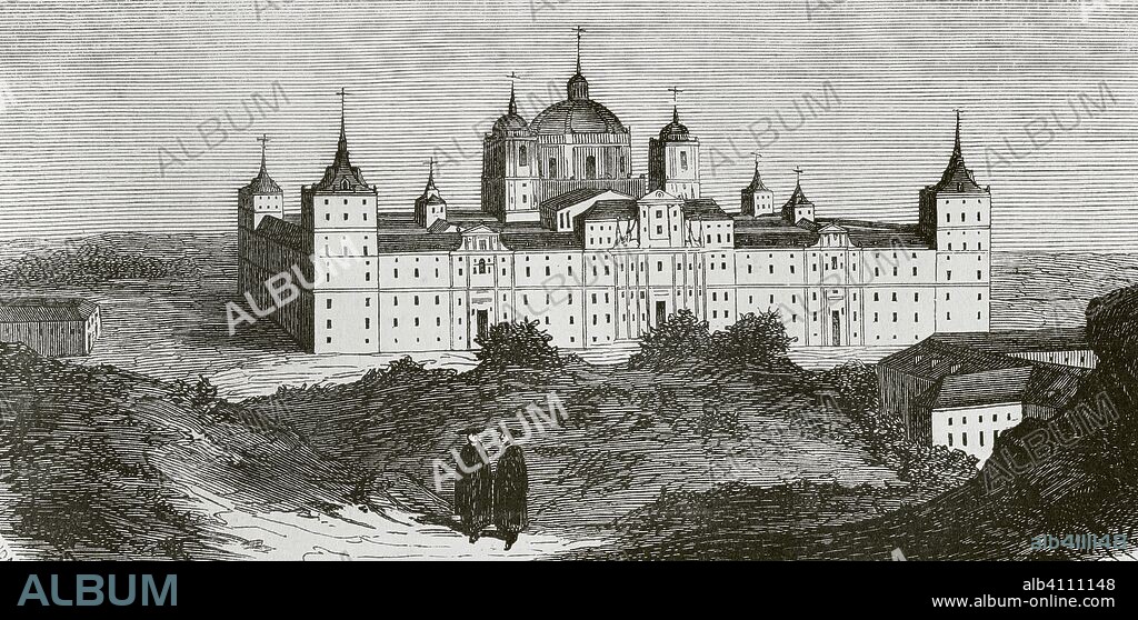 España. El Real Monasterio de San Lorenzo de El Escorial. Palacio real, basílica, panteón, biblioteca y monasterio. Construido entre 1563 y 1584 en estilo renacentista. Dibujo por Miranda. Grabado por Vierge. Crónica General de España, Historia Ilustrada y Descriptiva de sus Provincias. Castilla-La Nueva, 1869. Biblioteca Histórico Militar de Barcelona, Cataluña, España.