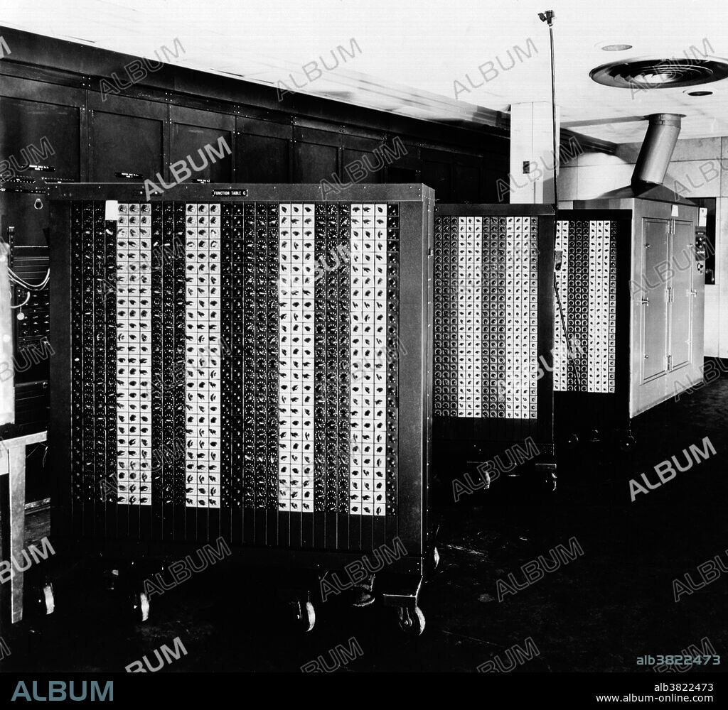 View of the right side of the ENIAC (Electronic Numerical Integrator And Computer), as seen from the center of the machine, at the US Army's Ballistics Research Laboratory. The ENIAC was the first general-purpose electronic computer, designed and constructed during World War II by the US Army.
