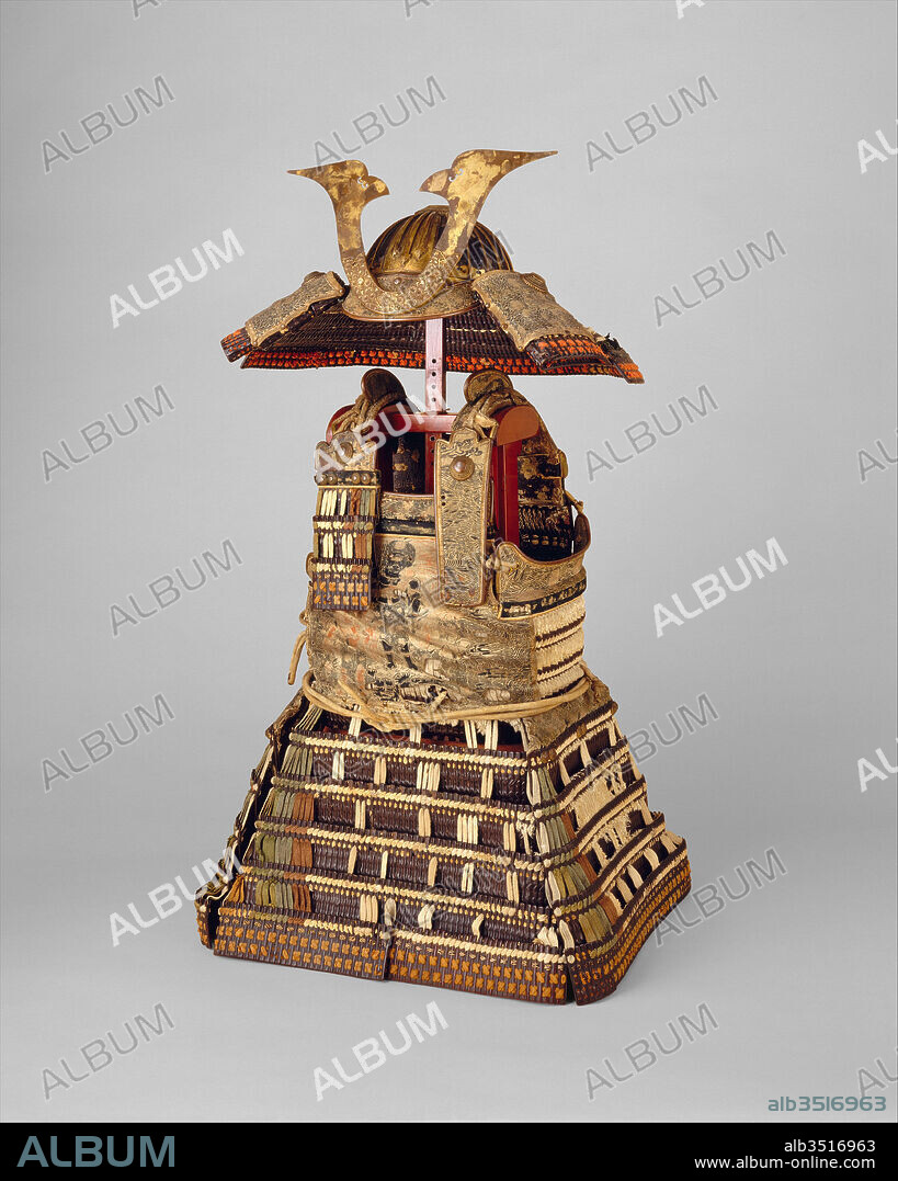 Armor (Yoroi), early 14th century, Japanese, Iron, lacquer, leather, silk, gilt copper, H. 37 1/2 in. (95.3 cm); W. 22 in. (55.9 cm); Wt. 25 lb. 15 oz. (11.77 kg), Armor for Man, This is a rare example of a medieval yoroi. The yoroi is characterized by a cuirass that wraps around the body and is closed by a separate panel (waidate) on the right side and by a deep four-sided skirt.