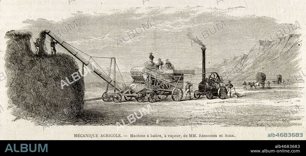 'Mecanique agricole' : batteuse a vapeur. Gravure tiree de 'L'exposition universelle illustree', publie en 1867 (19e,19eme, XIXe s.) Credit : JEAN VIGNE / KHARBINE-TAPABOR.