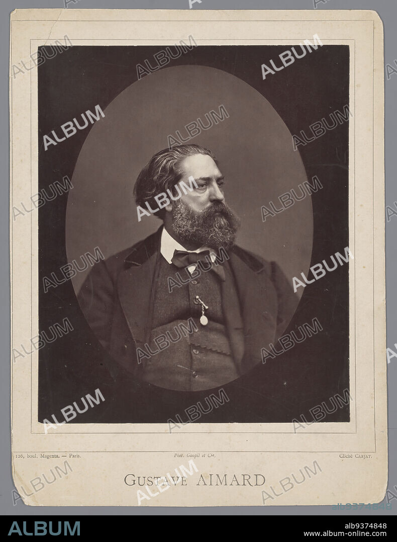 Gustave Aimard, French writer 1818-1883, Galérie contemporaine, litéraire, artistique (series title), Portrait of Gustave Aimard, French writer. This one has a lush black beard and graying hair, suit with bow tie and watch chain (?) on vest. Plate from magazine., Étienne Carjat, printer: Goupil & Cie. (mentioned on object), Paris, in or after 1876 - in or before 1884, paper, photographic support, height 228 mm × width 187 mmheight 299 mm × width 223 mm.