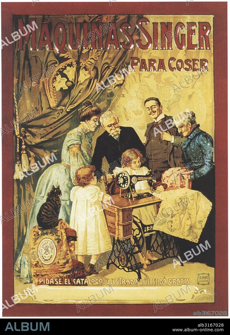 Publicidad. Máquina de coser Singer. Cartel de 1910. Facsímil de 1960.