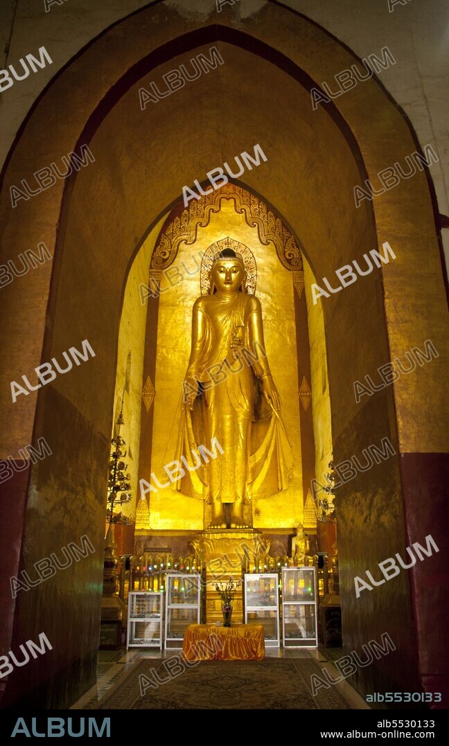 Perhaps the highest revered temple in Bagan, the Ananda Pagoda was built in 1105 CE during the reign of King Kyanzittha (1084–1113) of the Bagan Dynasty. It is one of four surviving original temples of Bagan (also called Pagan). The temple layout is in a cruciform with several terraces leading to a small pagoda at the top covered by an umbrella (‘hti’). The Buddhist temple houses four standing Buddhas—facing east, north, west and south. The temple is said to be an architectural wonder in a fusion of Mon and adopted Indian styles of architecture. It was damaged in the earthquake of 1975. However, it has been fully restored and is well maintained by frequent painting and whitewashing of the walls. On the occasion of the 900th anniversary of its construction celebrated in 1990 the temple spires were gilded. Bagan, formerly Pagan, was mainly built between the 11th century and 13th century. Formally titled Arimaddanapura or Arimaddana (the City of the Enemy Crusher) and also known as Tambadipa (the Land of Copper) or Tassadessa (the Parched Land), it was the capital of several ancient kingdoms in Burma.