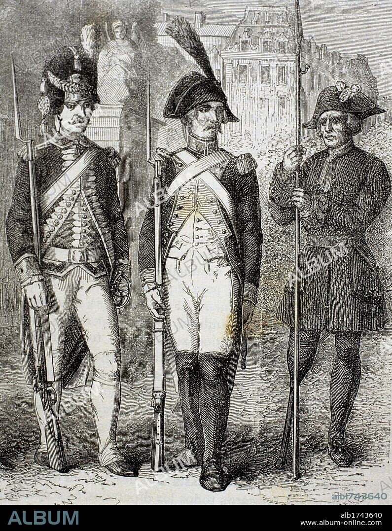 REVOLUCION FRANCESA. Periodo que comprende desde la apertura de los Estados Generales (5 de mayo de 1789) al Golpe de Estado del 18 de brumario (9-XII-1799). GUARDIA DE LA CONVENCION NACIONAL (en el centro), GRANADERO DE LA GUARDIA FRANCESA (izquierda) e INVALIDO (derecha). Grabado del s. XIX.