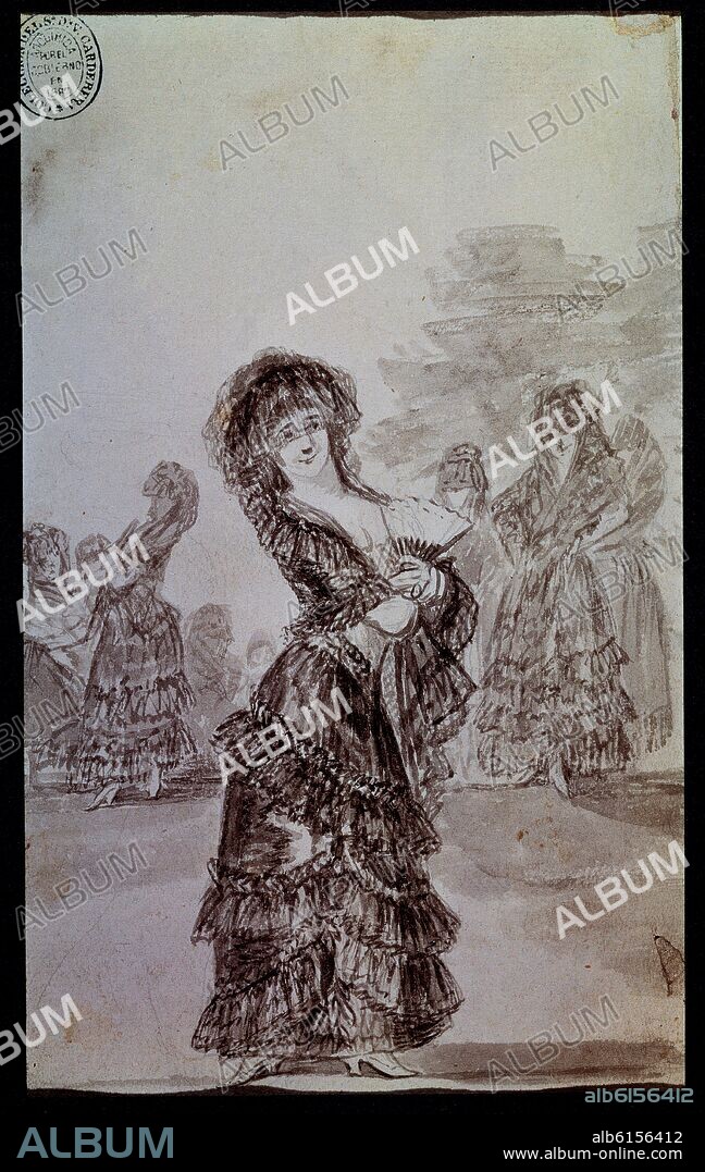 FRANCISCO DE GOYA. MAJAS DE PASEO - ALBUM B DE MADRID - 1796-1797 - AGUADA DE TINTA CHINA - 234x145 mm.