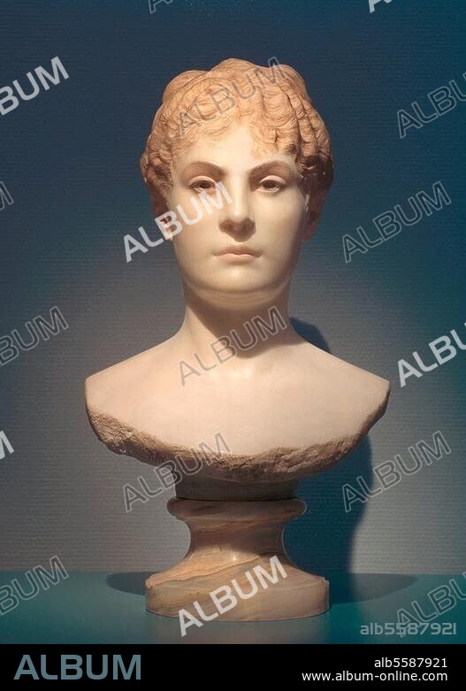 Gérôme, Jean-Léon. French artist, 1824-1904. 'The head of Tanagra', c. 1890. (Partial copy of the seated statue 'Tanagra' - the personification of the town of Tanagra in Boeotia (Greece) ).Marble, painted, 57 × 34cm. Paris, Collection Lucile Audouy.