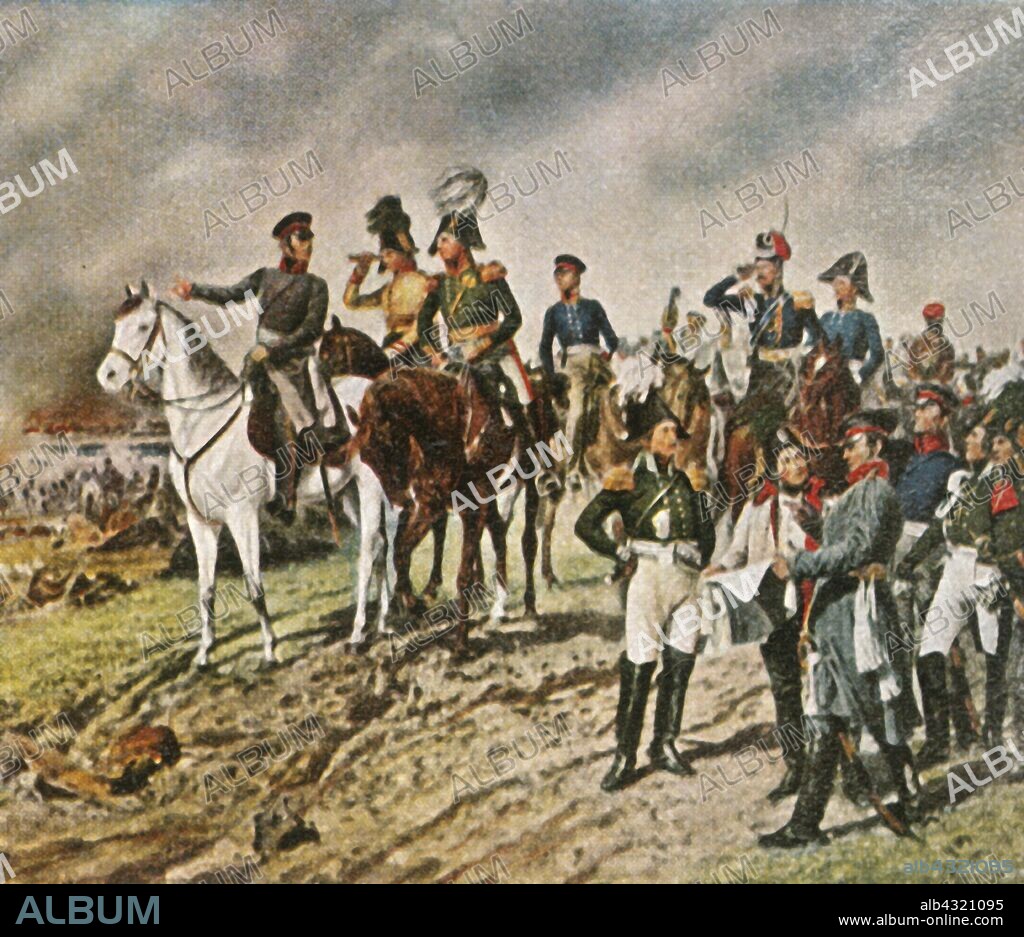 The Battle of the Nations, Leipzig, 16-19 October 1813, (1936). 'Die Völkerschlacht Bei Leipzig, 16-19 Oktober 1813'. The allied monarchs: King Friedrich Wilhelm III of Prussia, Tsar Alexander I of Russia and Emperor Franz I of Austria, watch the battle's progress from a hill. The Battle of Leipzig or Battle of the Nations, fought at at Leipzig, Saxony (Germany), was part of the War of the Sixth Coalition. The Battle was the most decisive defeat inflicted on Napoleon's forces before his final loss at Waterloo. The Battle of the Nations was the largest battle fought on European soil before World War I, and 500,000 troops were involved. From "Bilder Deutscher Geschichte", (Pictures of German History), No.12, cigarette card album. [Cigaretten-Bilderdienst, Altona-Bahrenfeld, Hamburg, Germany, 1936].