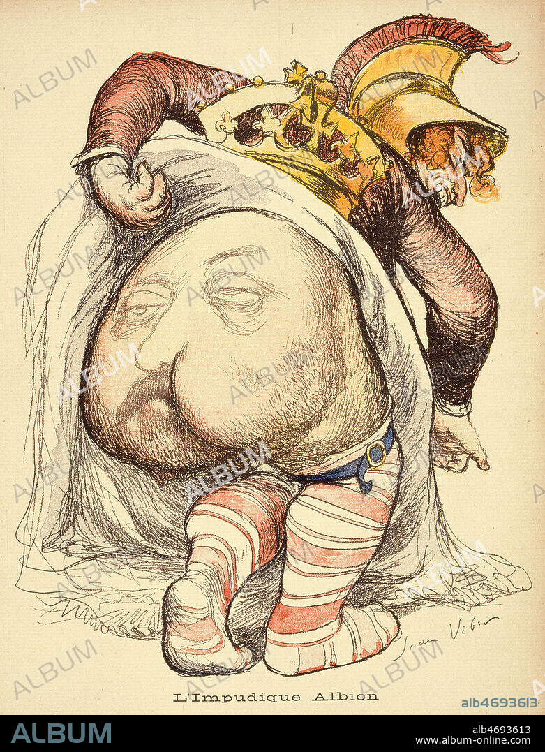 'L'impudique Albion' : l'Angleterre relevant ses jupes et montrant ses fesses, caricature de Edouard VII... avant censure voir n° kh29520. Caricature in L'Assiette au Beurre 28/09/1901. Credit Kharbine Tapabor.