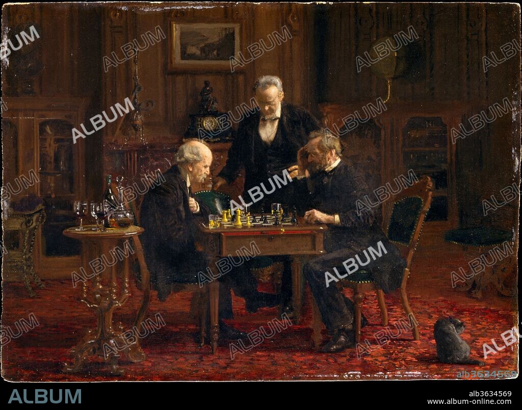 The Chess Players. Artist: Thomas Eakins (American, Philadelphia, Pennsylvania 1844-1916 Philadelphia, Pennsylvania). Dimensions: 11 3/4 x 16 3/4 in. (29.8 x 42.6 cm). Date: 1876.
In this painting, the artist's father watches a chess game between two friends in a Renaissance Revival parlor of a Philadelphia home. Eakins honored his father with a Latin inscription on the drawer of the chess table, which translates as "Benjamin Eakins's son painted this in '76." A reproduction of a painting by Eakins's principal French teacher, Jean-Léon Gérôme, hangs over the mantel. Eakins adhered to Gérôme's academic lessons in his careful spatial construction and meticulous detail. In 1881 The Chess Players became the first work to be accepted by the Metropolitan Museum as a gift from a living artist.