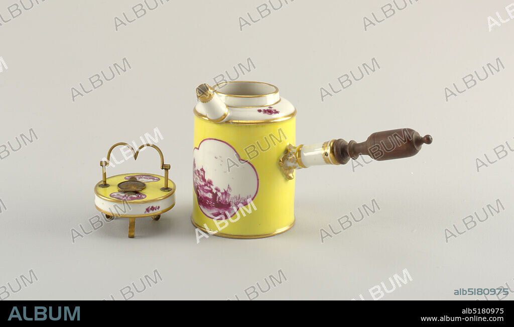 Chocolate Pot with Camaieu Landscapes, hard paste porcelain, vitreous enamel, gold, bronze, wood, Cylindrical, spouted body with handle of porcelain and wood. Decorated with quatrefoil reserves containing landscape in purple, on a yellow ground. B) cover, flat, with landscape reserve, bronze handle and perforated center., Germany, 19th century, ceramics, Decorative Arts, chocolate pot, chocolate pot.