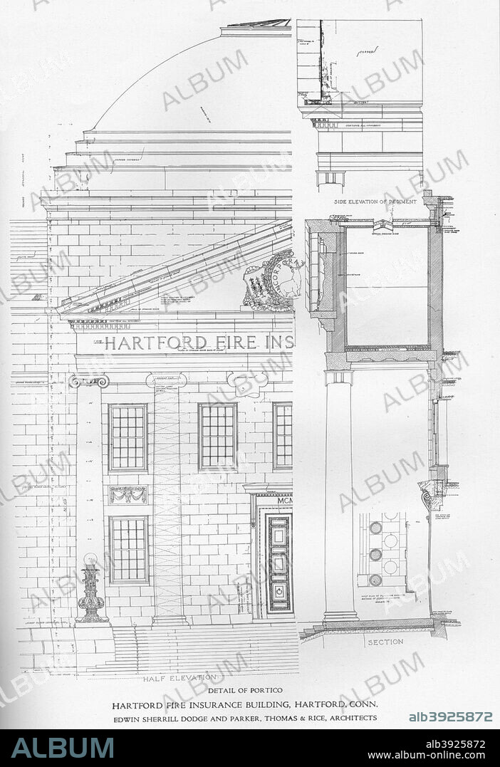 Detail of portico - Hartford Fire Insurance Building, Hartford, Connecticut, 1922. From The Architectural Forum Volume XXXVI. [Rogers and Manson, New York, 1922].