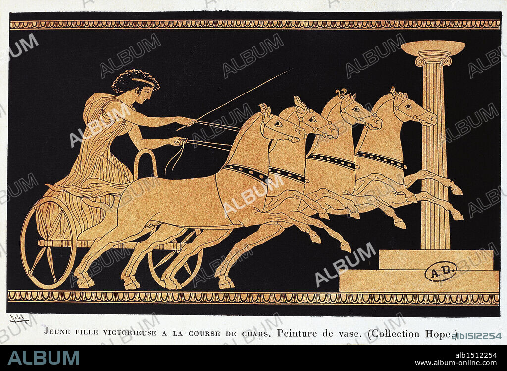 Greek civilization. Young woman winning the chariot race. Drawing from a red-figure vase.