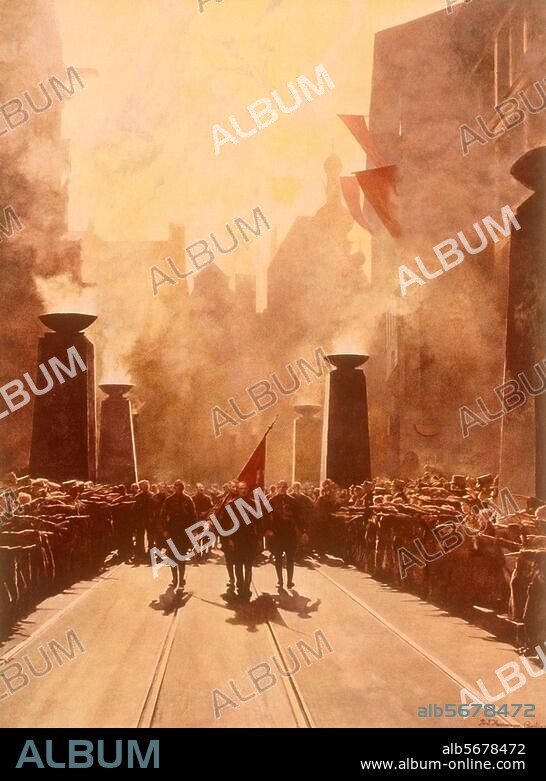 PAUL HERRMANN (DEUTSCHER MALER). München, 9. November 1942. Erinnerungsmarsch zur Feldherrenhalle. "Die Fahne": Die Führergruppe hinter der Blutfahne. Gemälde, von Paul Herrmann, 1942.