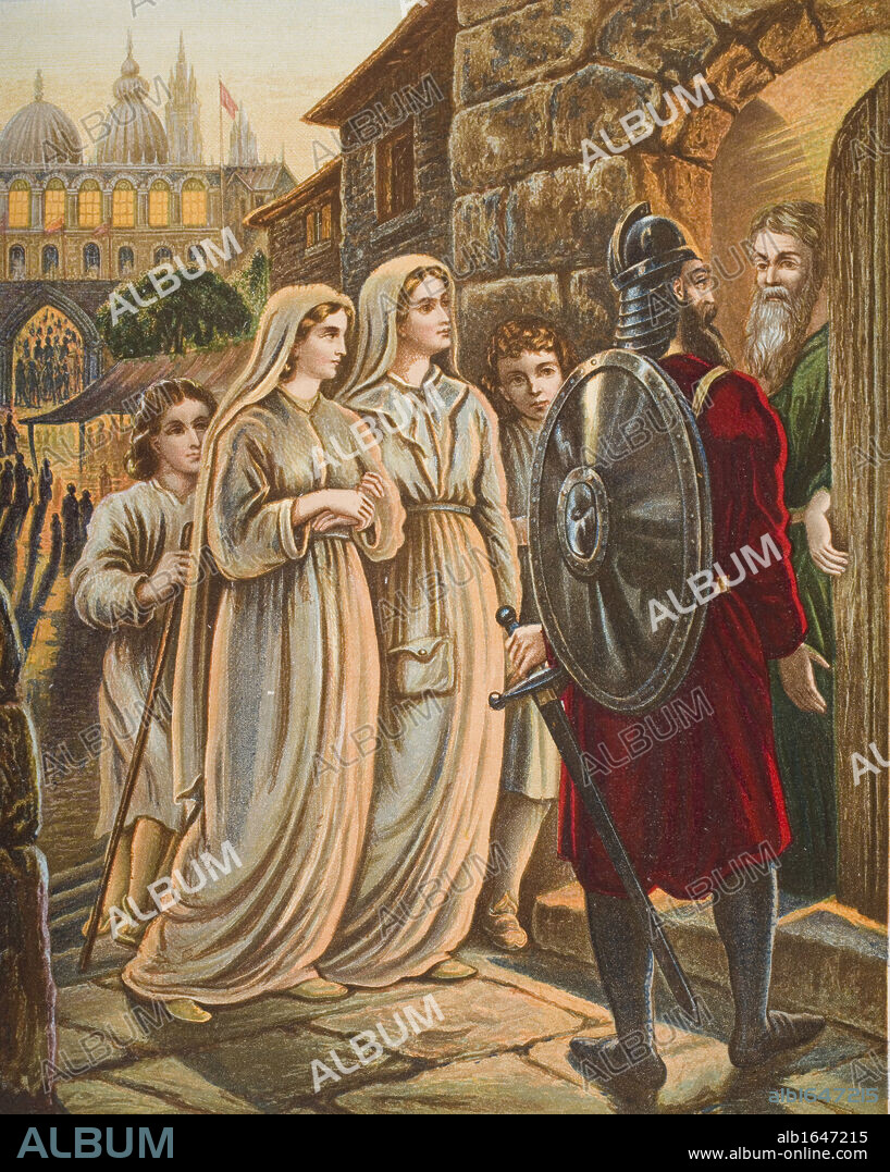 The Pilgrims at the house of Mnason. From the book "The Pilgrim's Progress" by John Bunyan, from late 19th century edition.
