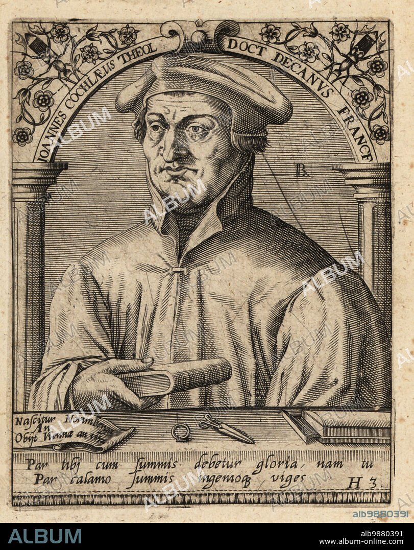 Johann Cochlaeus, 1479-1552, German humanist, music theorist, and controversialist. Joannes Cochlaeus Theologus Doct. Decanus France. Copperplate engraving by Johann Theodore de Bry from Jean-Jacques Boissards Bibliotheca Chalcographica, Johann Ammonius, Frankfurt, 1650.