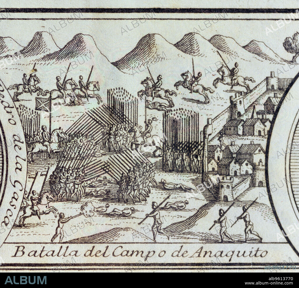 Conquest of Peru, 3rd Civil War, 'Battle of the Añaquito field' (now Ecuador), battle that faced the viceroy Blasco Nuñez de Vela and Gonzalo Pizarro in 1546, engraving from 1726.