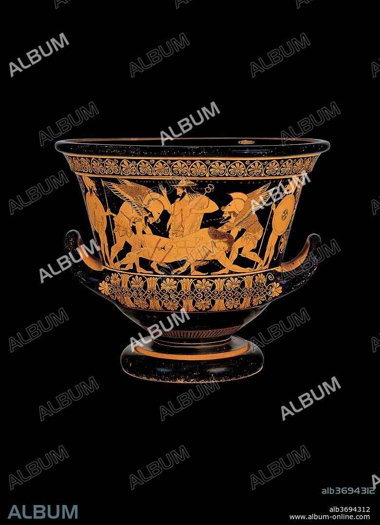 ATTIC VASE PAINTER EUPHRONIOS. The Euphronios Krater (Sarpedon krater). Sarpedon's body carried by Hypnos and Thanatos.